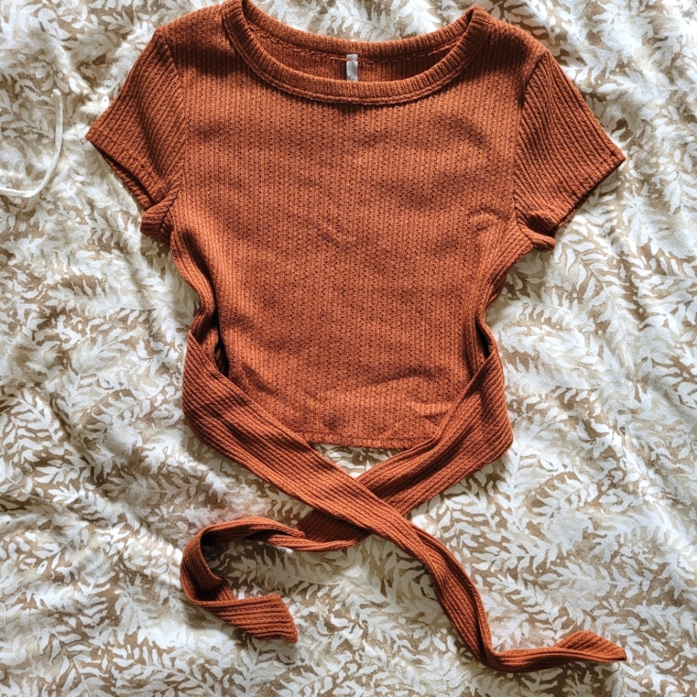 Burnt Orange Short Sleeve Crop Top with Wrap around